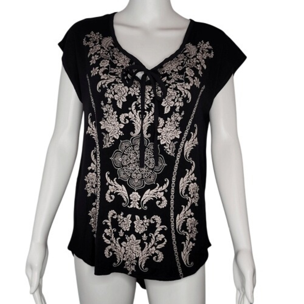 Ava James Black & Tan‎ Floral Hi/Lo Hem Blouse